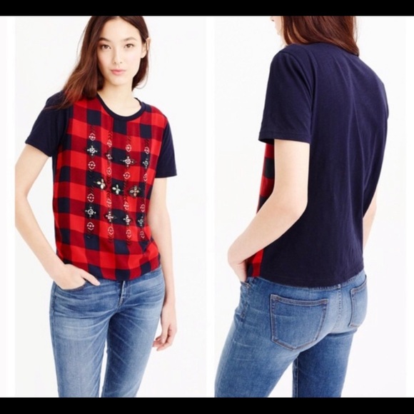 J. Crew Tops - J. Crew Checker/Tartan Dressy Tee Shirt.  Sz M. EUC. Beads/Jewels on front.